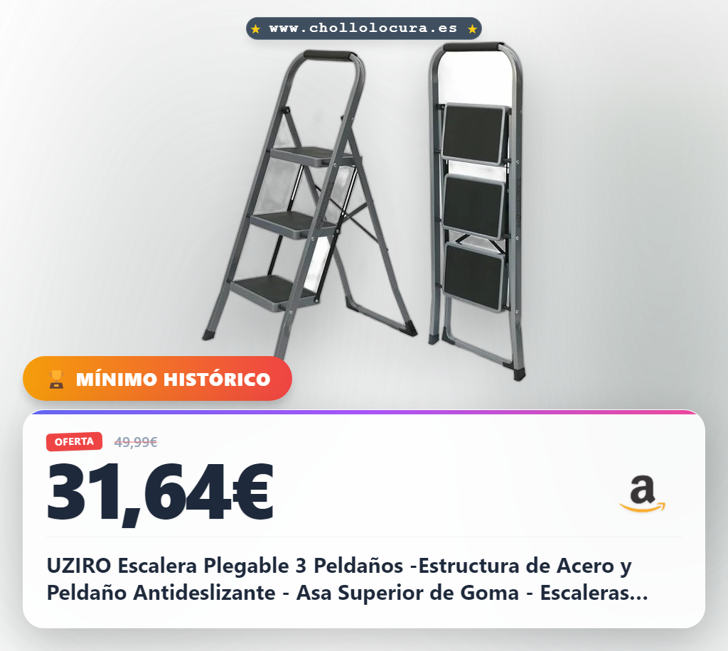 UZIRO Escalera Plegable 3 Peldaños -Estructura de Acero y Peldaño Antideslizante - Asa Superior de Goma - Escaleras Plegables Domésticas - Step Ladder para Hogar (Gris, 3 Peldaños)