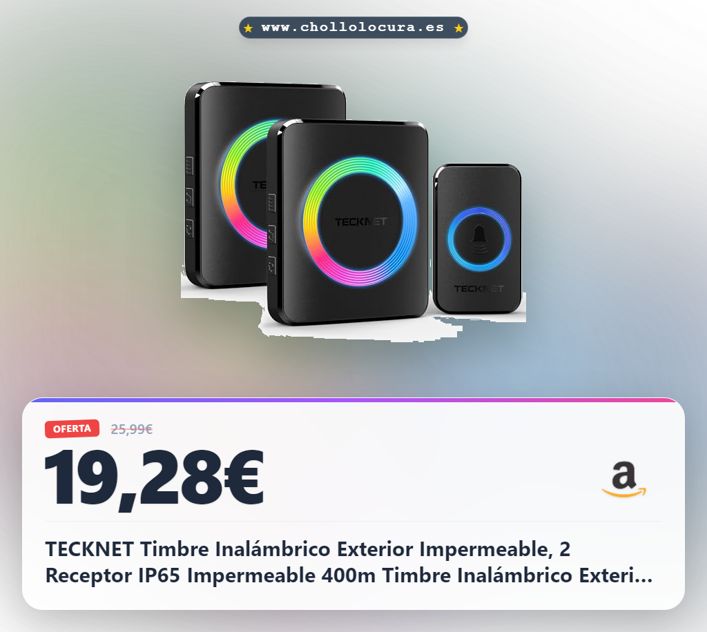 TECKNET Timbre Inalámbrico Exterior Impermeable, 2 Receptor IP65 Impermeable 400m Timbre Inalámbrico Exterior, 5 Niveles de Volumen (0-110dB) y 60 Melodías para Hogar, Hotel, Emergencia, etc