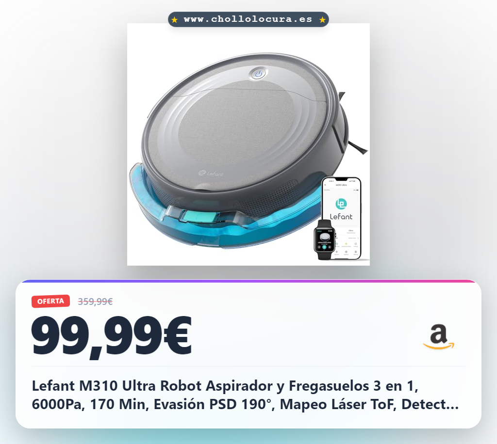 Lefant M310 Ultra Robot Aspirador y Fregasuelos 3 en 1, 6000Pa, 170 Min, Evasión PSD 190°, Mapeo Láser ToF, Detecta Alfombras, WiFi/App/Alexa/i Watch, Gris