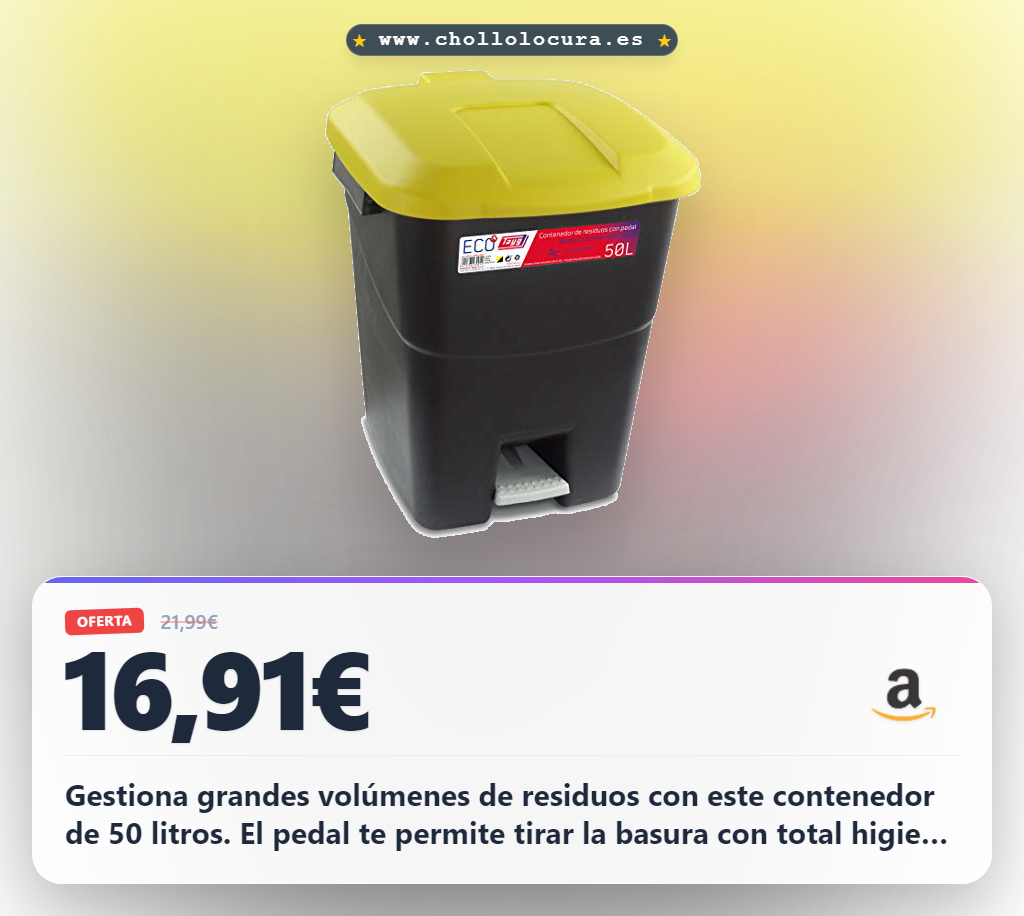 Aprovecha este contenedor de residuos Tayg de 50 litros con pedal y tapa amarilla a precio de chollo en oferta histórica del año 2024.