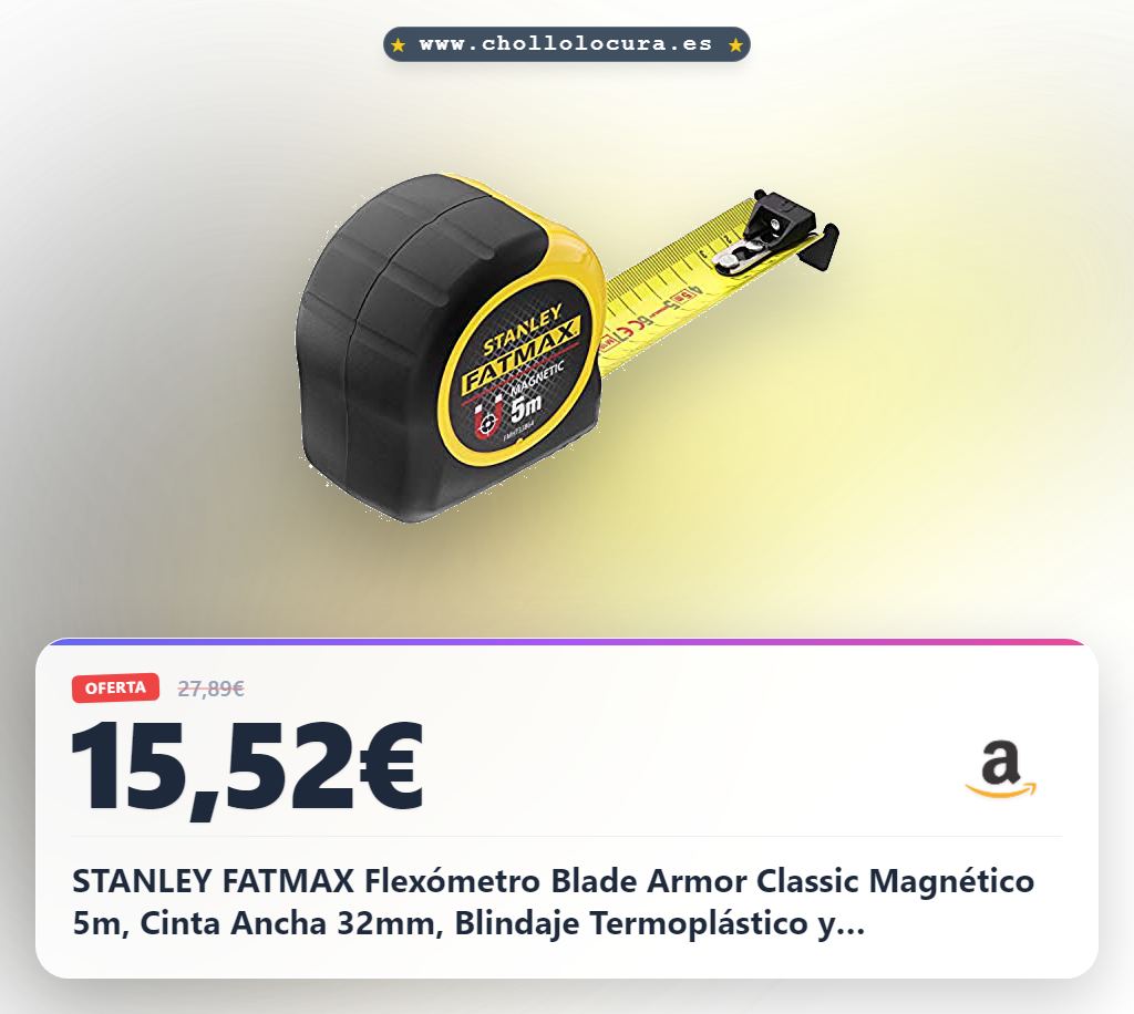 STANLEY FATMAX Flexómetro Blade Armor Classic Magnético 5m, Cinta Ancha 32mm, Blindaje Termoplástico y Recubrimiento Mylar, Anti Abrasión y Corrosión, FMHT0-33864