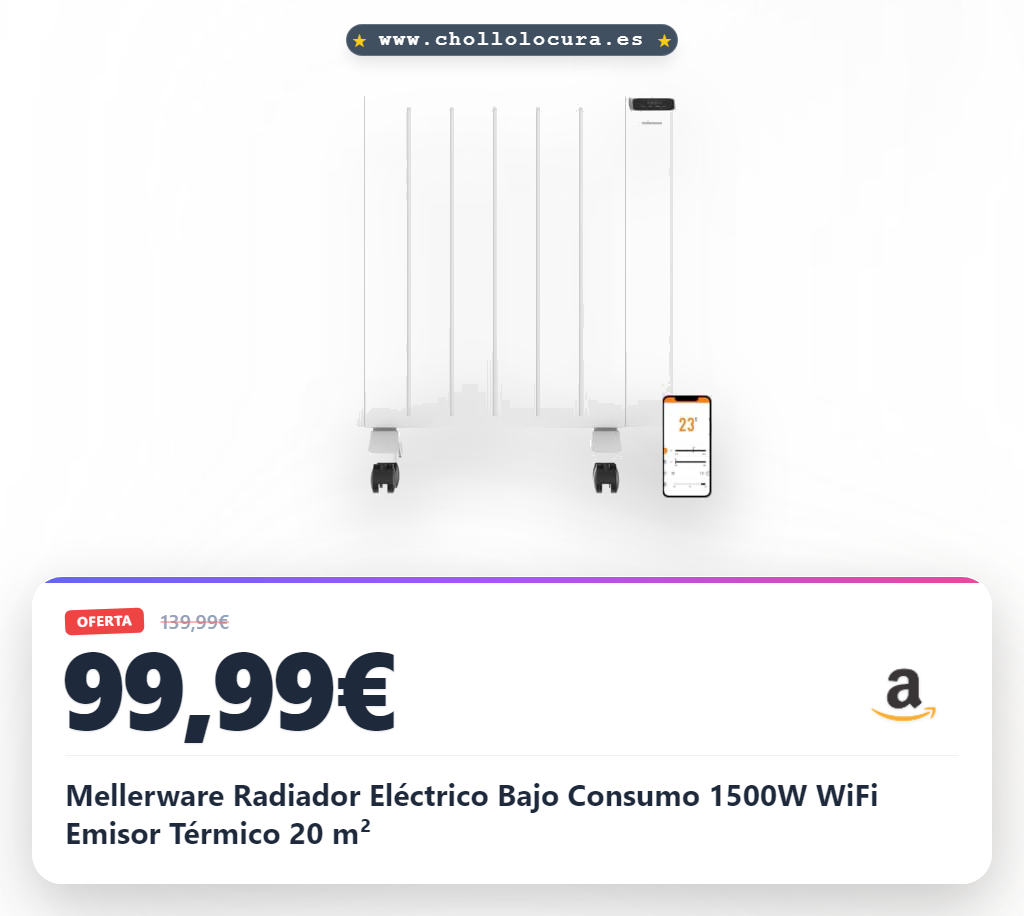 Mellerware Radiador Eléctrico Bajo Consumo 1500W WiFi Emisor Térmico 20 m²
