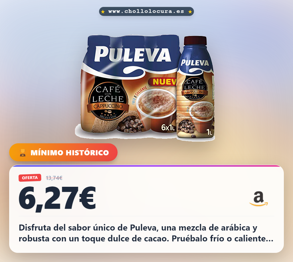 Aprovecha el café Puleva mezcla arábica robusta con cacao. Disfruta frío o caliente. Rico en vitaminas A y D. Pack de 6 al mejor precio.