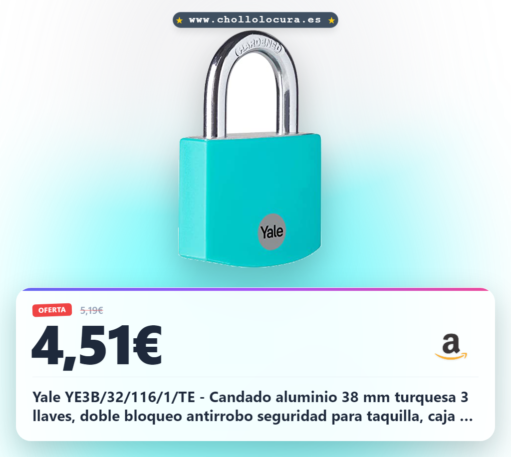 Yale YE3B/32/116/1/TE - Candado aluminio 38 mm turquesa 3 llaves, doble bloqueo antirrobo seguridad para taquilla, caja de herramientas, armario | antirrobo taquilla garaje
