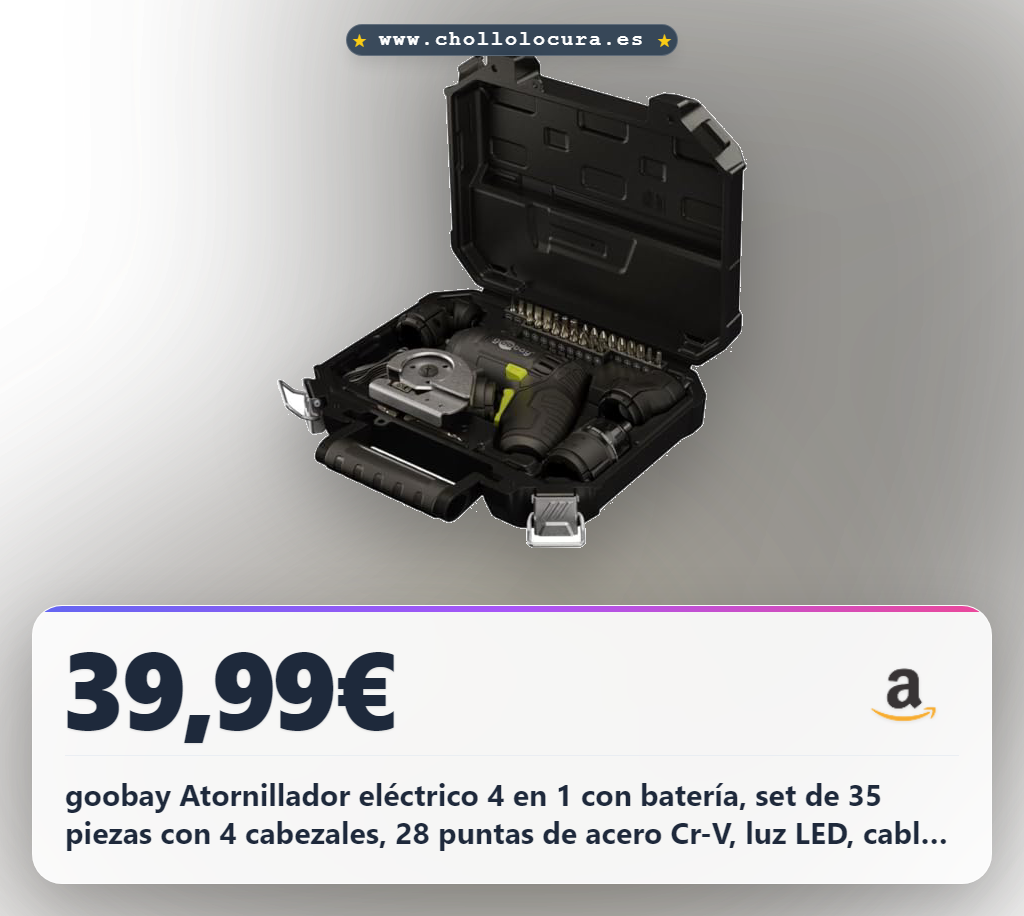 goobay Atornillador eléctrico 4 en 1 con batería, set de 35 piezas con 4 cabezales, 28 puntas de acero Cr-V, luz LED, cable USB-C, 8 Nm de par y maletín resistente – mini destornillador recargable