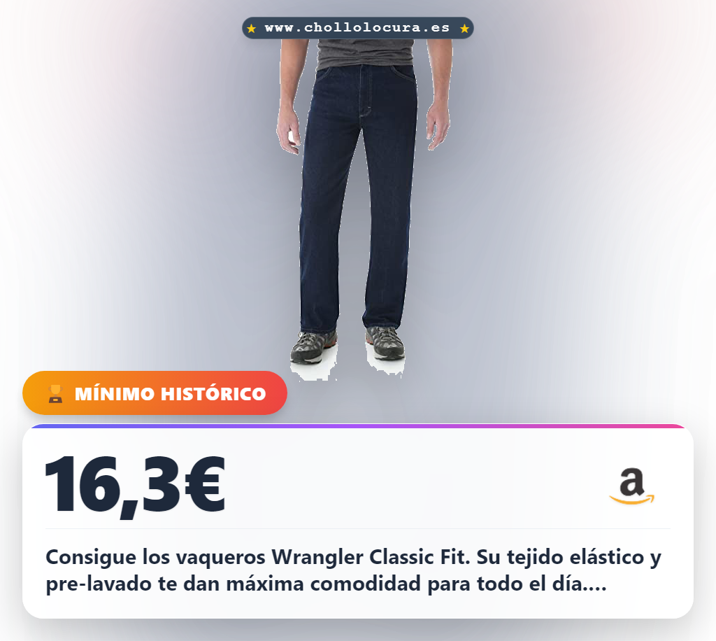Consigue los vaqueros Wrangler Classic Fit. Su tejido elástico y pre-lavado te dan máxima comodidad para todo el día. Disfruta de un ajuste perfecto y estilo atemporal. ¡Talla 30W x 34L! Un chollo que no puedes dejar pasar.