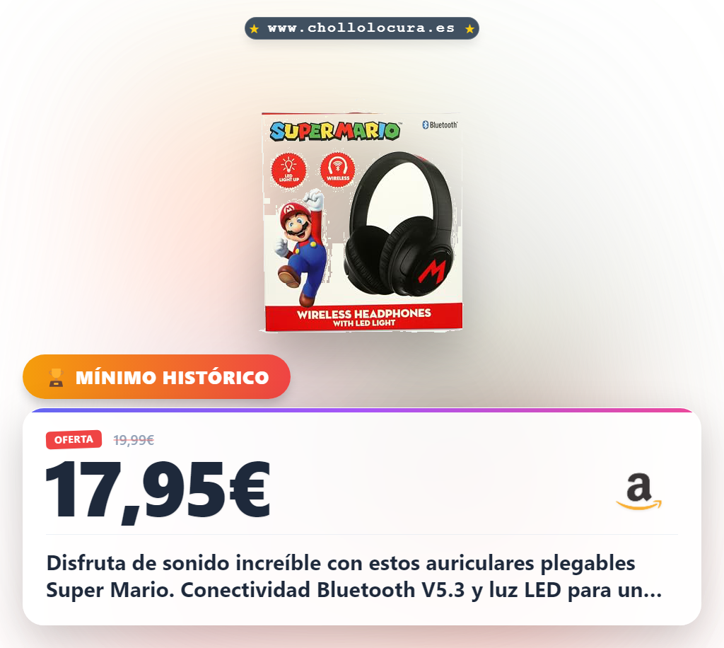 Consigue auriculares inalámbricos plegables Super Mario con luz LED y Bluetooth V5.3 al mejor precio