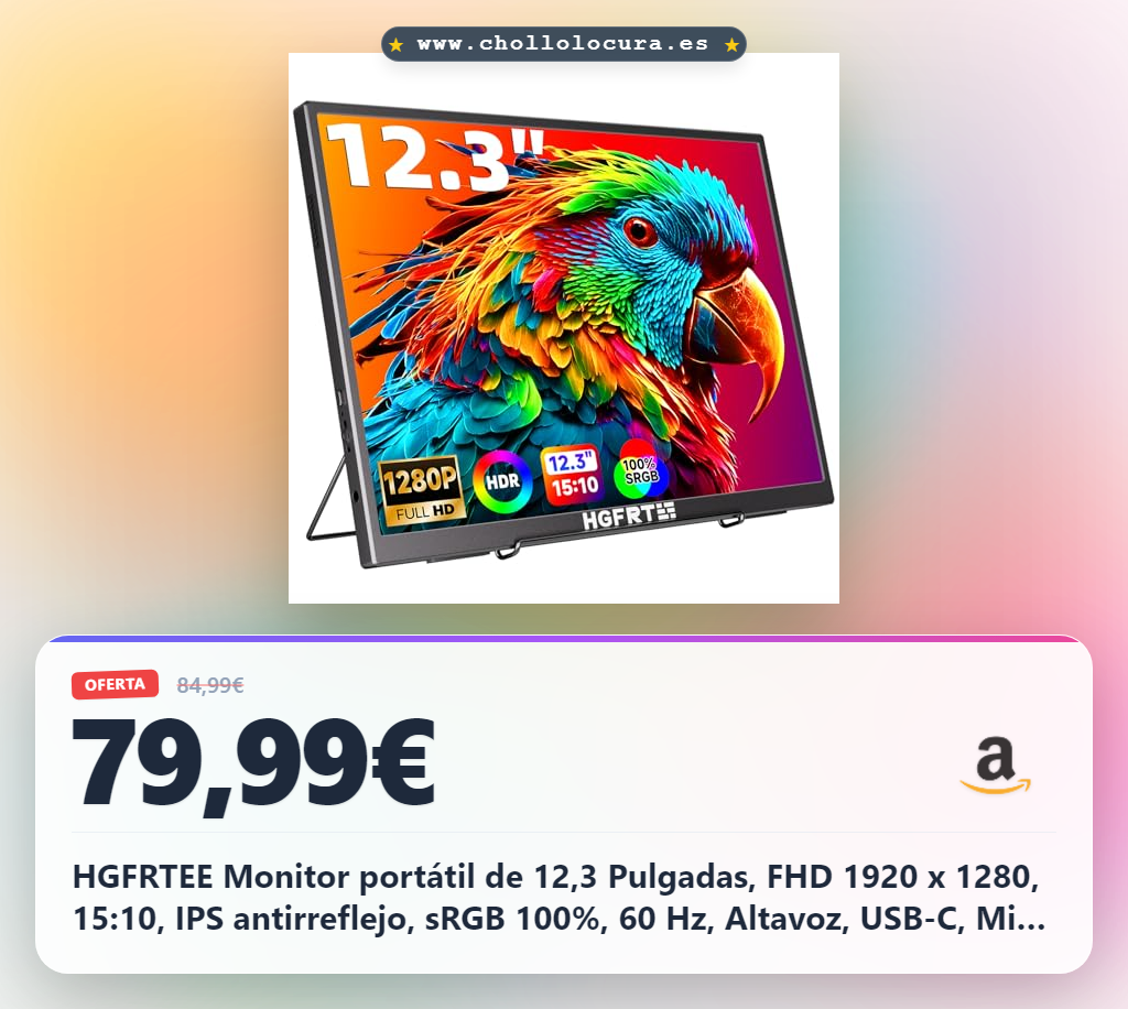 HGFRTEE Monitor portátil de 12,3 Pulgadas, FHD 1920 x 1280, 15:10, IPS antirreflejo, sRGB 100%, 60 Hz, Altavoz, USB-C, Mini HDMI, VESA, Windows/macOS, para Juegos y Trabajo