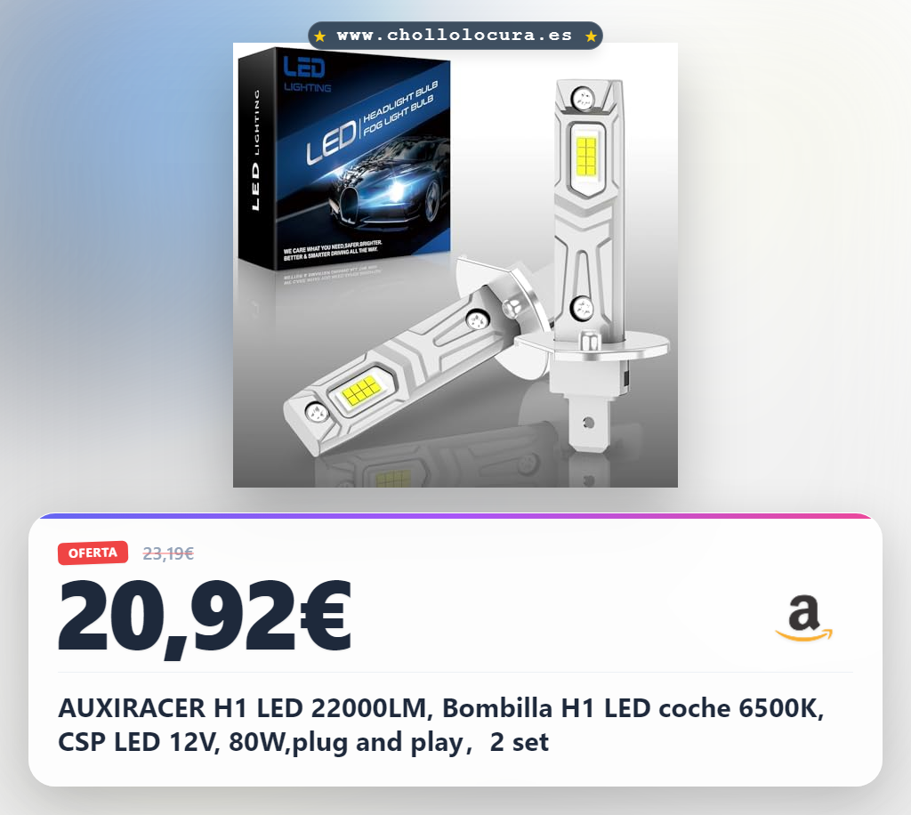 AUXIRACER H1 LED 22000LM, Bombilla H1 LED coche 6500K, CSP LED 12V, 80W,plug and play，2 set