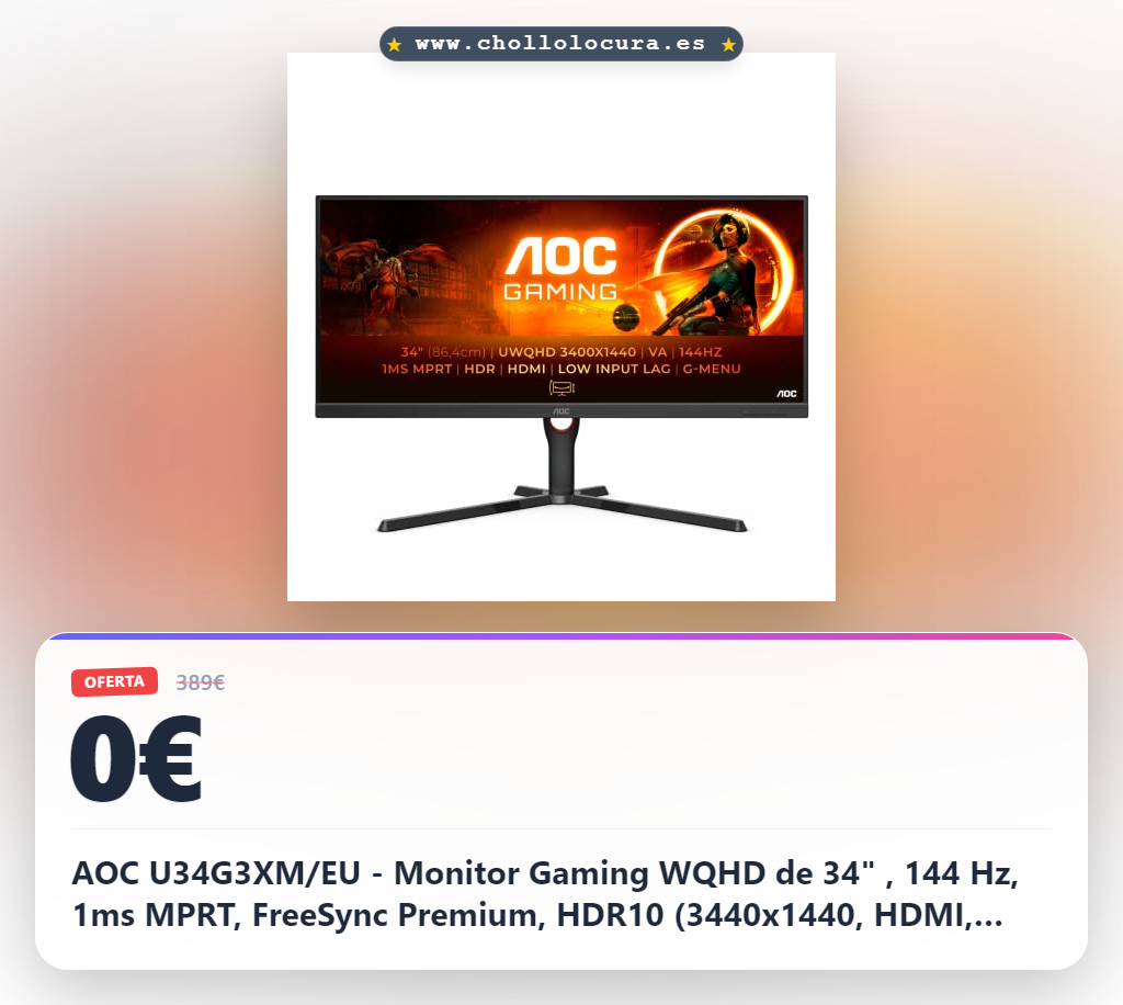 AOC U34G3XM/EU - Monitor Gaming WQHD de 34" , 144 Hz, 1ms MPRT, FreeSync Premium, HDR10 (3440x1440, HDMI, DisplayPort) negro