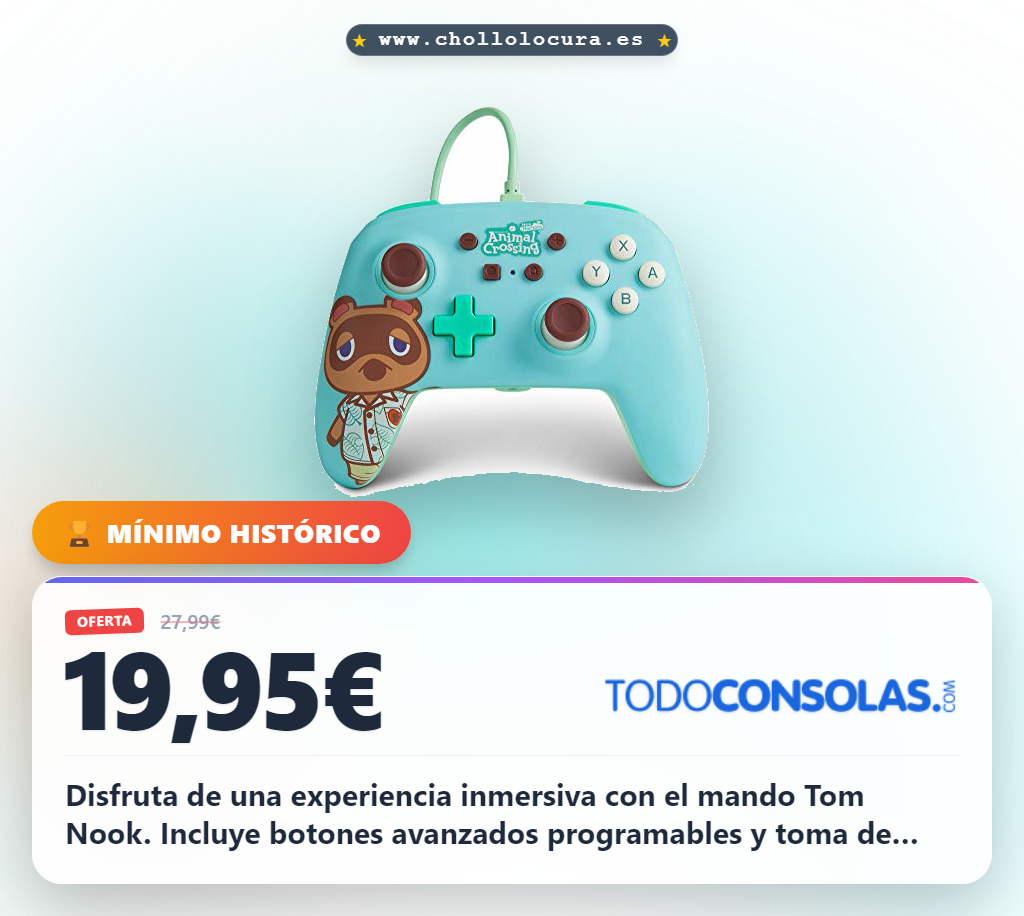 Disfruta de una experiencia inmersiva con el mando Tom Nook. Incluye botones avanzados programables y toma de audio. Carga por USB y no necesita pilas. Licencia oficial de Nintendo para jugar sin límites.