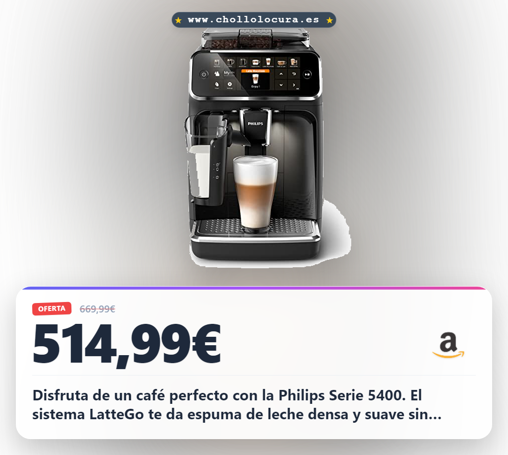 Aprovecha la cafetera superautomática Philips Serie 5400 con LatteGo y molinillo cerámico en oferta
