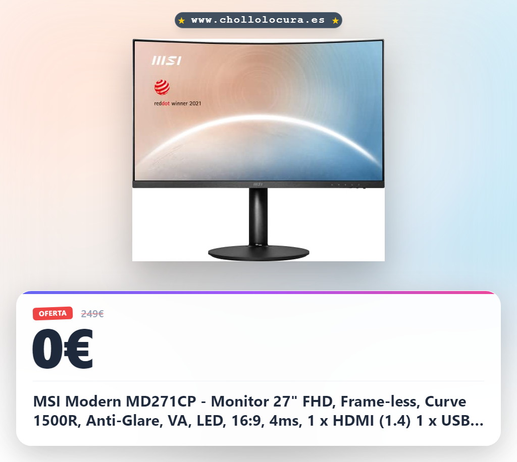 MSI Modern MD271CP - Monitor 27" FHD, Frame-less, Curve 1500R, Anti-Glare, VA, LED, 16:9, 4ms, 1 x HDMI (1.4) 1 x USB Type C, 0.3114(H) x 0.3114(V), 75Hz, VESA 75 x 75, Negro