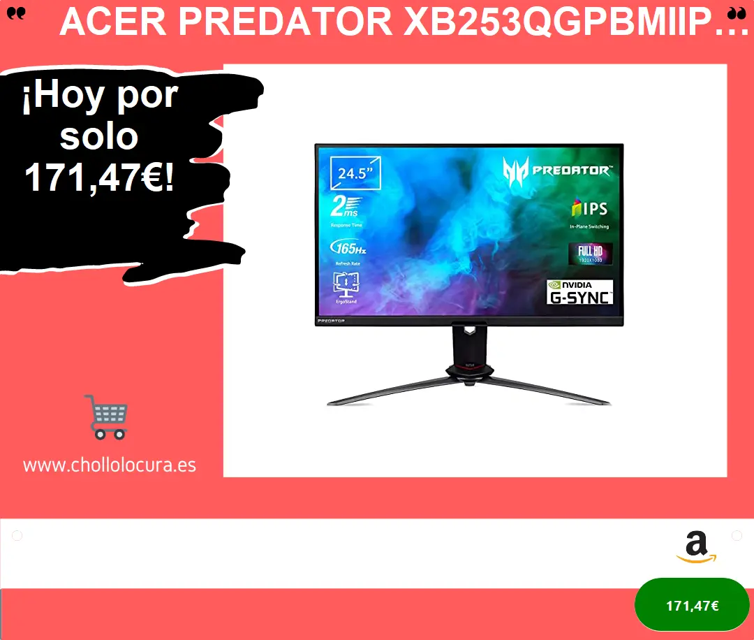 Acer Predator XB253QGPbmiiprzx - Monitor Gaming PC de 24,5" Full HD 144Hz (62 cm, 1920x1080, Pantalla IPS LED, NVIDIA G-Sync, ComfyView, ZeroFrame, 2 ms, 400 nits, HDMI, DP, USB3.0) - Color Negro