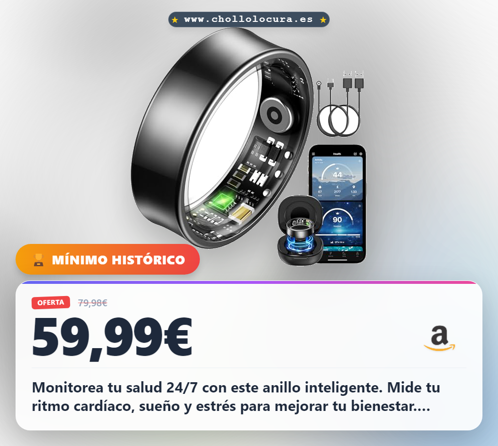 Monitorea tu salud 24/7 con este anillo inteligente. Mide tu ritmo cardíaco, sueño y estrés para mejorar tu bienestar. Resiste el agua IP68 y disfruta de una batería de larga duración sin suscripciones.