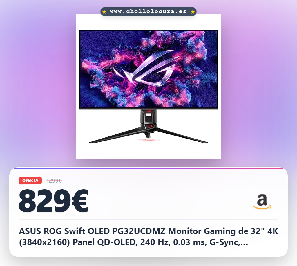 ASUS ROG Swift OLED PG32UCDMZ Monitor Gaming de 32" 4K (3840x2160) Panel QD-OLED, 240 Hz, 0.03 ms, G-Sync, disipador térmico, película de grafeno, 99% DCI-P3, USB Tipo-C y DisplayWidget Center