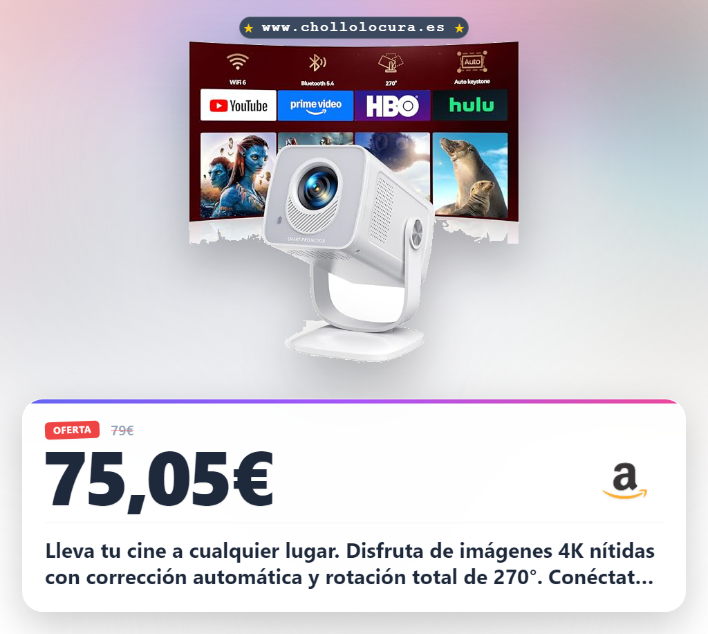 Aprovecha este proyector portátil 4K Android con WiFi 6 y rotación 270° para cine en casa al mejor precio