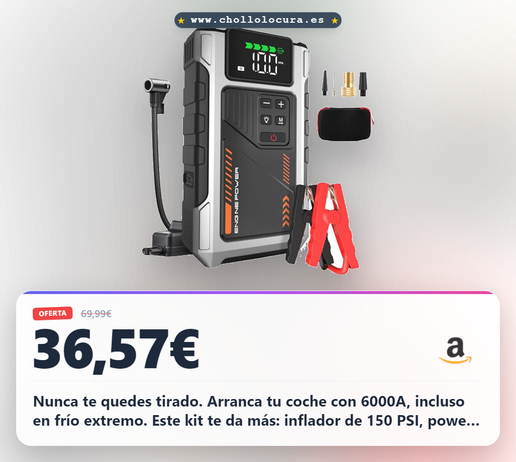 Descubre el Arrancador Eigotrav 6000A: Compresor, Power Bank y Linterna LED al mejor precio.