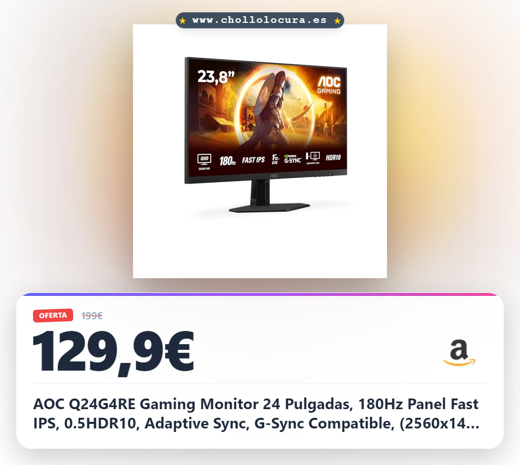 AOC Q24G4RE Gaming Monitor 24 Pulgadas, 180Hz Panel Fast IPS, 0.5HDR10, Adaptive Sync, G-Sync Compatible, (2560x1440 HDMI 1X 2.0 DP 1x 1.4) Negro