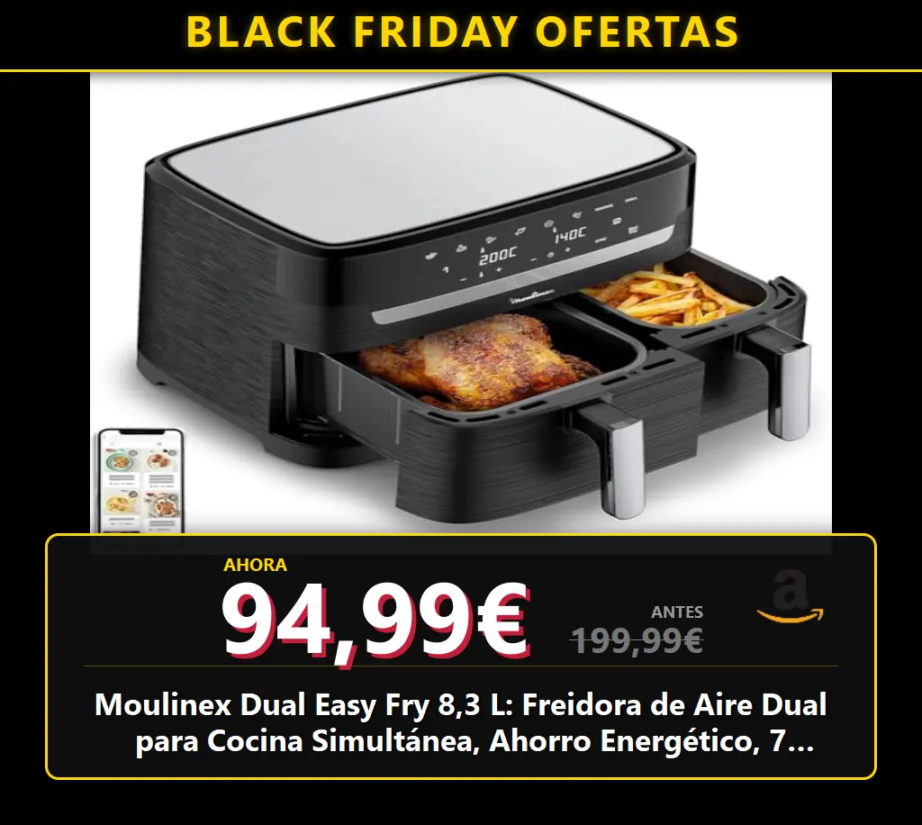 Moulinex Dual Easy Fry 8,3 L: Freidora de Aire Dual para Cocina Simultánea, Ahorro Energético, 7 Programas, Resultados Crujientes