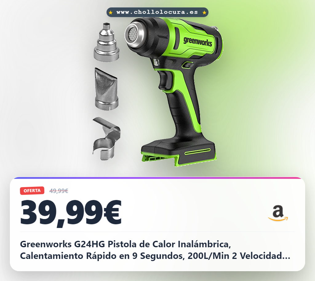 Greenworks G24HG Pistola de Calor Inalámbrica, Calentamiento Rápido en 9 Segundos, 200L/Min 2 Velocidades de Ventilador, SIN Batería de 24V y Cargador, Garantía de 3 Años