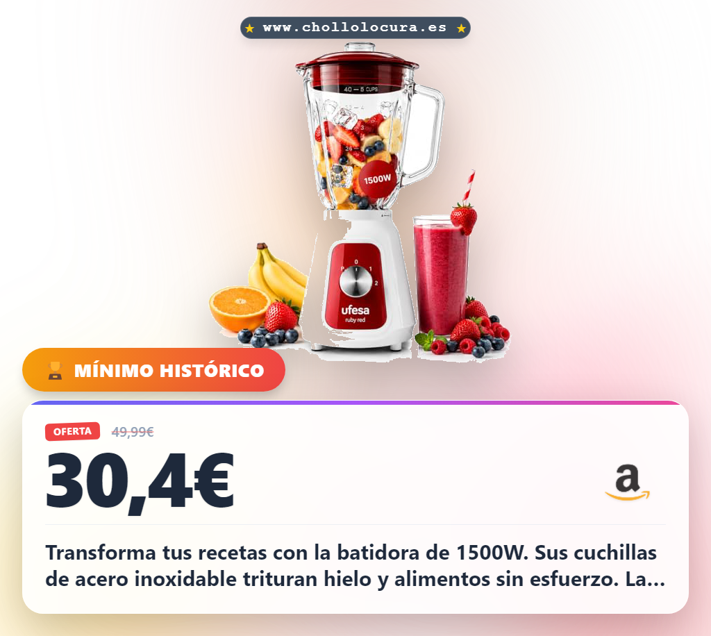 Aprovecha la batidora de vaso 1500W con cuchillas para picar hielo y jarra de cristal en oferta