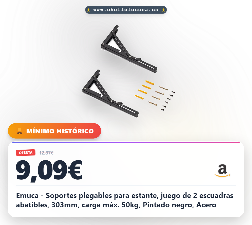 Emuca - Soportes plegables para estante, juego de 2 escuadras abatibles, 303mm, carga máx. 50kg, Pintado negro, Acero