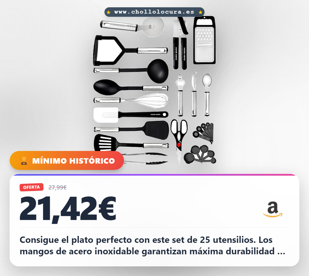 Aprovecha este set de 25 utensilios de cocina antiadherentes y resistentes al calor al mejor precio