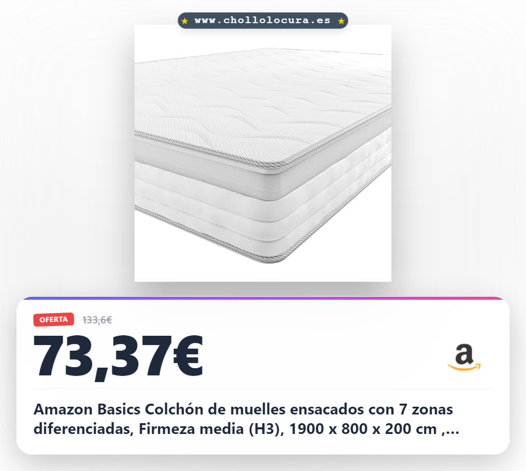 Amazon Basics Colchón de muelles ensacados con 7 zonas diferenciadas, Firmeza media (H3), 1900 x 800 x 200 cm , Blanco