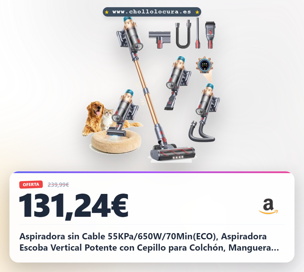 Aspiradora sin Cable 55KPa/650W/70Min(ECO), Aspiradora Escoba Vertical Potente con Cepillo para Colchón, Manguera 1M, Cepillo Anti-Enredo con Luz, Modo Automático, Carga Pared, Coche/Suelos/Alfombras