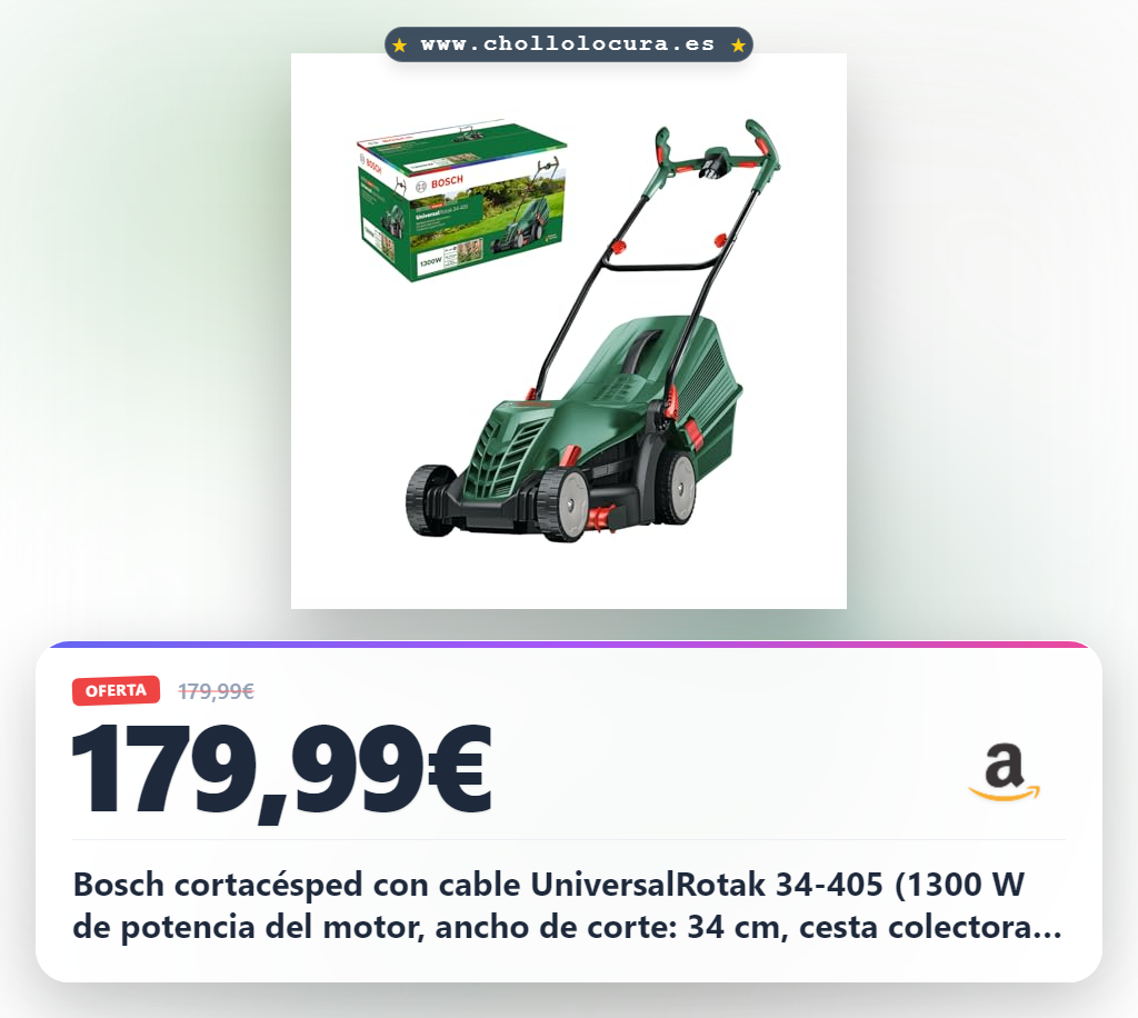 Bosch cortacésped con cable UniversalRotak 34-405 (1300 W de potencia del motor, ancho de corte: 34 cm, cesta colectora de 40 litros, adecuado para cortar el césped de forma homogénea y cortar bordes)