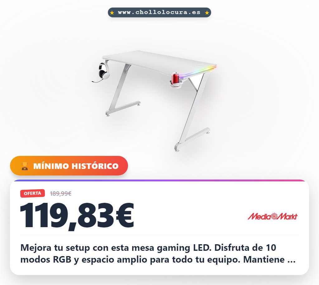 Consigue esta mesa gaming LED RGB con organización de cables y madera certificada al mejor precio
