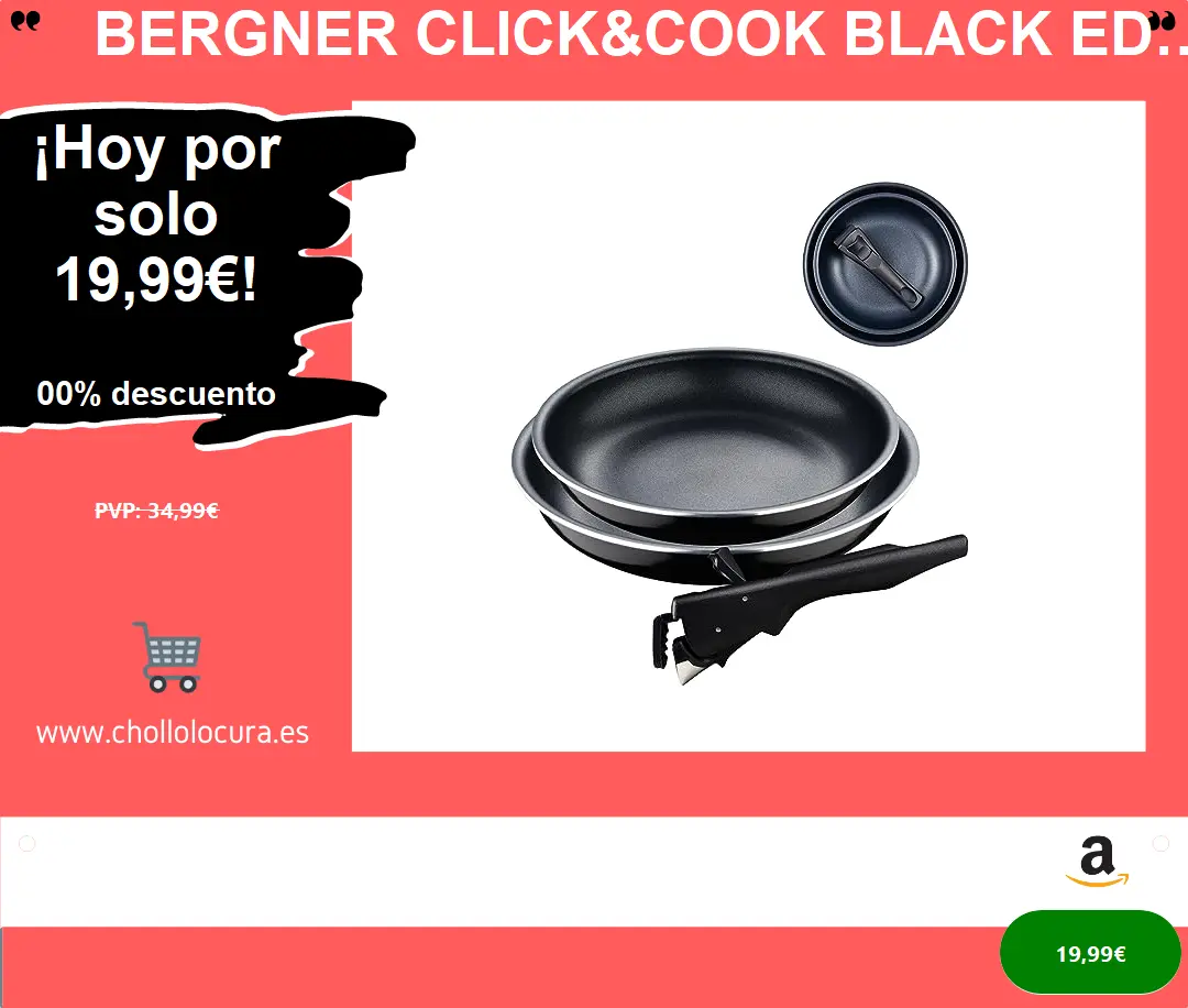 Bergner Click&Cook Black Edition | Juego de Sartenes de 3 Piezas de 22 y 26 cm + Mango Ergonómico Extraíble| Aluminio Prensado y Antiadherente | Para Todo Tipo de Cocinas y Horno