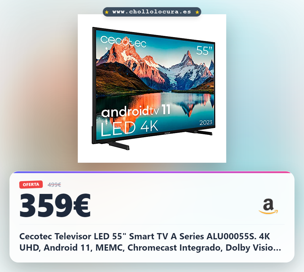 Cecotec Televisor LED 55" Smart TV A Series ALU00055S. 4K UHD, Android 11, MEMC, Chromecast Integrado, Dolby Vision y Dolby Atmos, HDR10, Bluetooth, Modelo 2023, 2 Altavoces de 10W