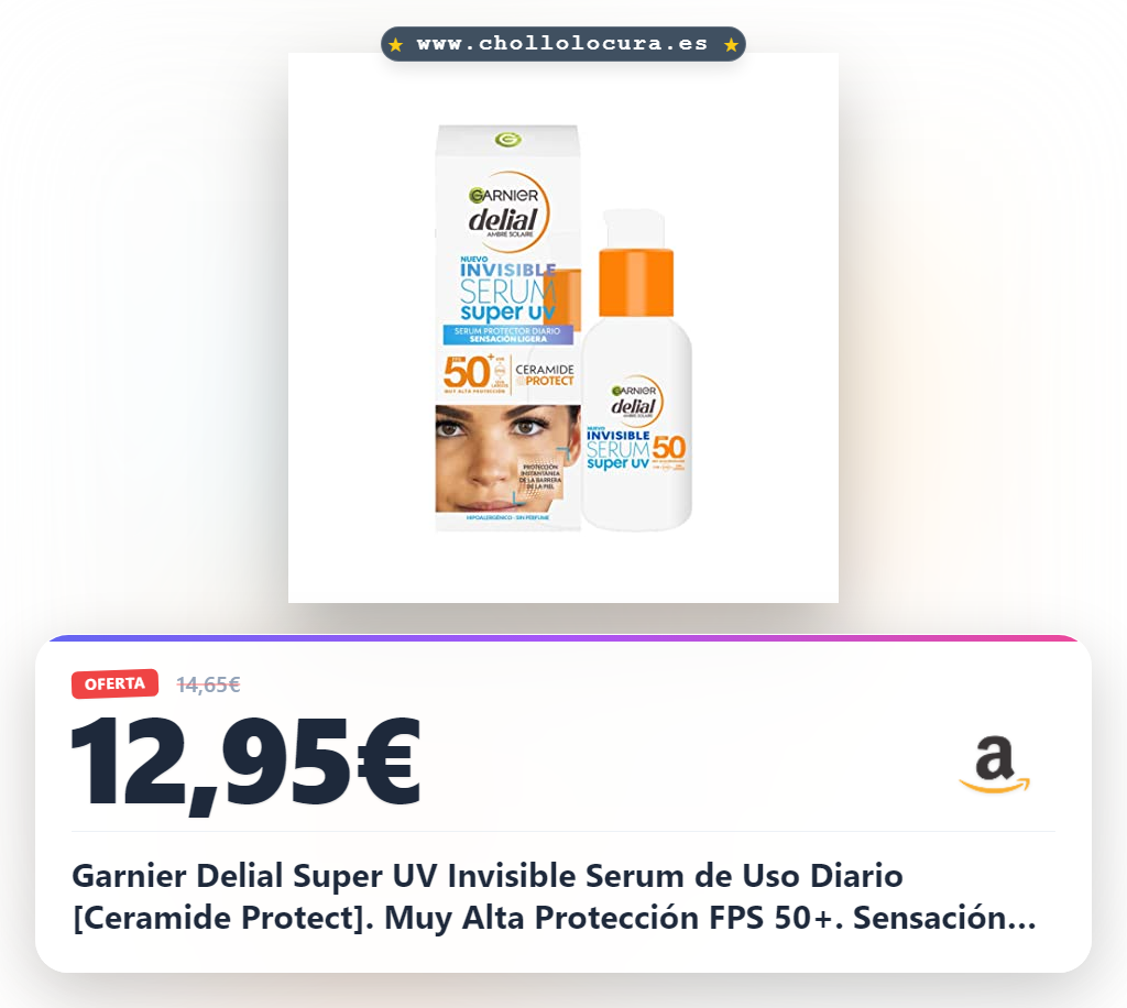 Garnier Delial Super UV Invisible Serum de Uso Diario [Ceramide Protect]. Muy Alta Protección FPS 50+. Sensación ligera. Protección instantánea de la barrera de la piel. Sin perfume. 30 ml