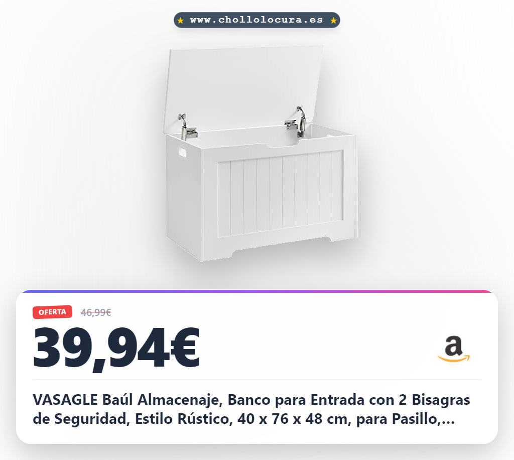 VASAGLE Baúl Almacenaje, Banco para Entrada con 2 Bisagras de Seguridad, Estilo Rústico, 40 x 76 x 48 cm, para Pasillo, Dormitorio, Salón, Blanco Nube LHS11WT