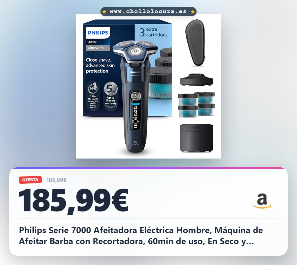 Philips Serie 7000 Afeitadora Eléctrica Hombre, Máquina de Afeitar Barba con Recortadora, 60min de uso, En Seco y Húmedo, Recargable, Centro de Limpieza, Base Carga, 4 Cartuchos, S7885/63, Azul