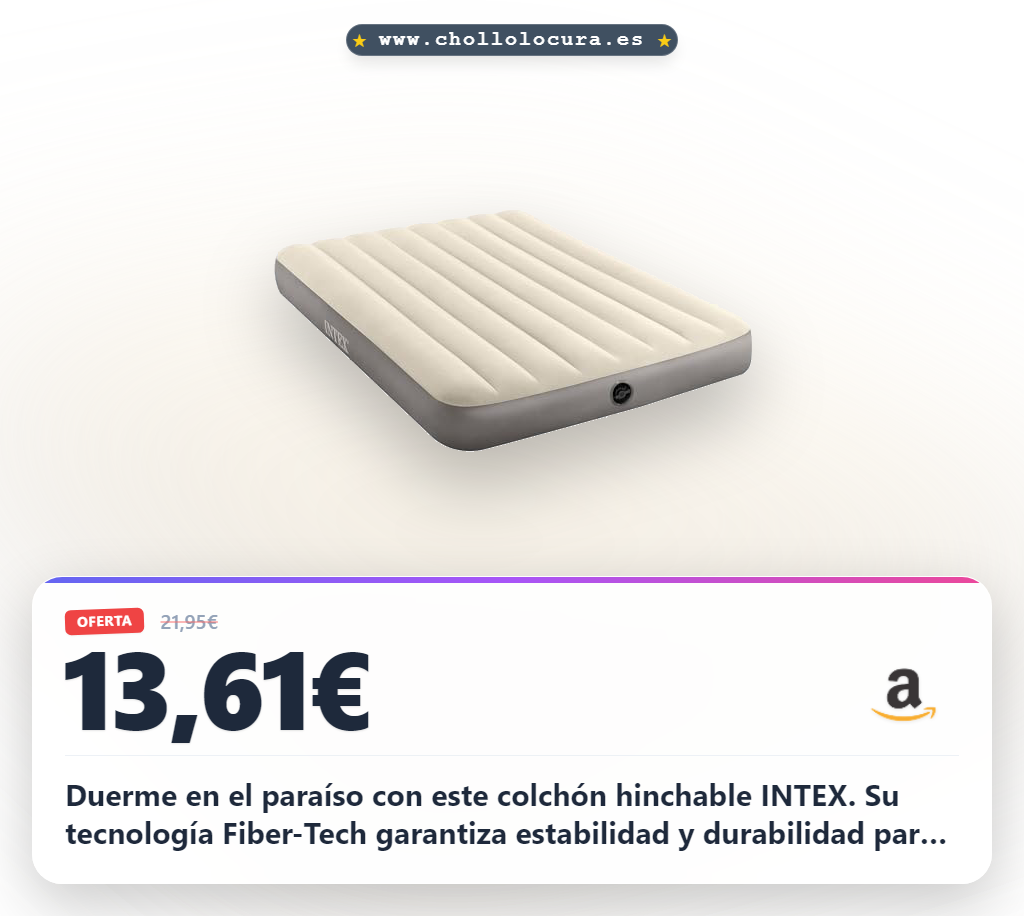 Duerme en el paraíso con este colchón hinchable INTEX. Su tecnología Fiber-Tech garantiza estabilidad y durabilidad para dos personas. Inflado rápido y cómodo, perfecto para tu descanso de calidad.
