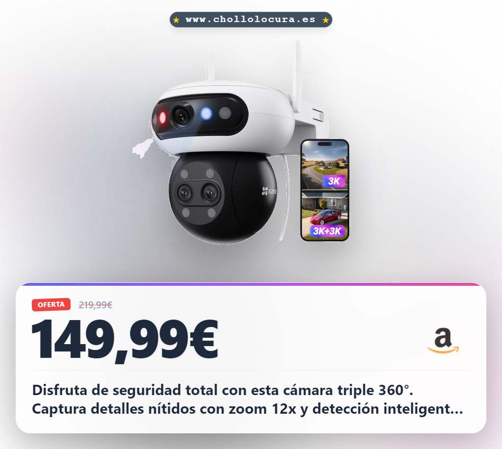 Aprovecha la cámara EZVIZ C90f triple 360° 3K con IA y zoom 12x para seguridad total en exterior al mejor precio del año.