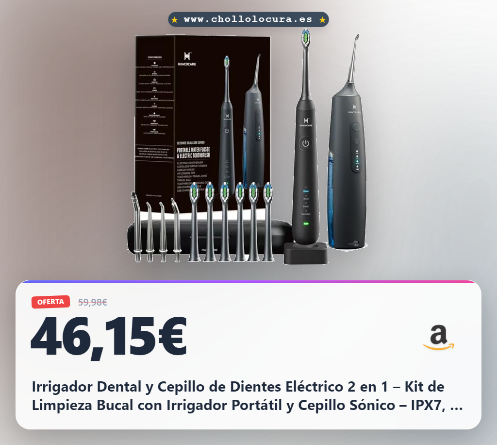 Irrigador Dental y Cepillo de Dientes Eléctrico 2 en 1 – Kit de Limpieza Bucal con Irrigador Portátil y Cepillo Sónico – IPX7, 3 Modos de Agua, 4 Modos de Cepillado para una Higiene Oral Completa