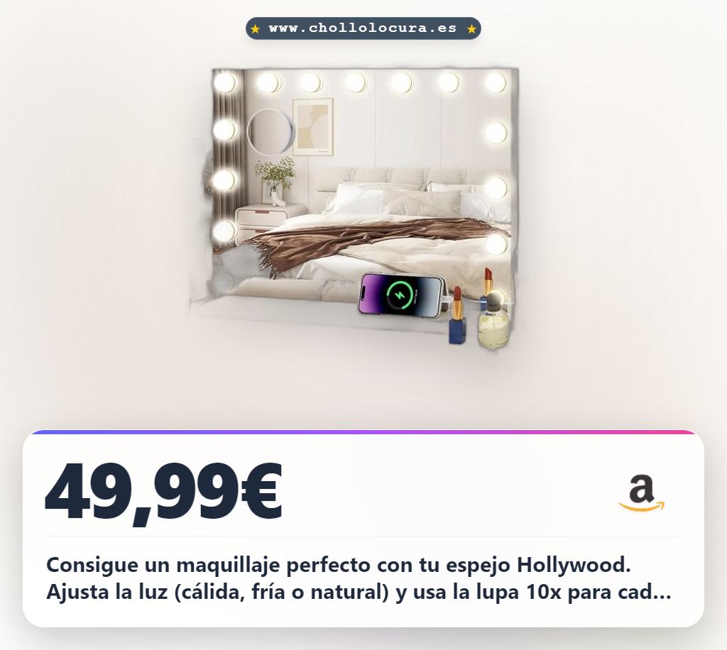 Adquiere el Espejo de Maquillaje Hollywood con 15 LEDs y lupa 10x al mejor precio en oferta.