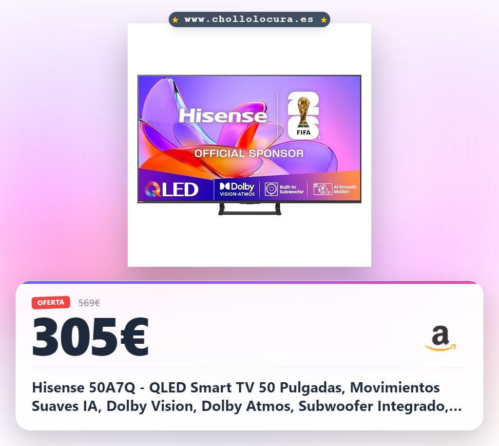 Hisense 50A7Q - QLED Smart TV 50 Pulgadas, Movimientos Suaves IA, Dolby Vision, Dolby Atmos, Subwoofer Integrado, Modo Juego Plus, Modo Deportes IA, Bluetooth & HDMI 2.1, Control por Voz Alexa