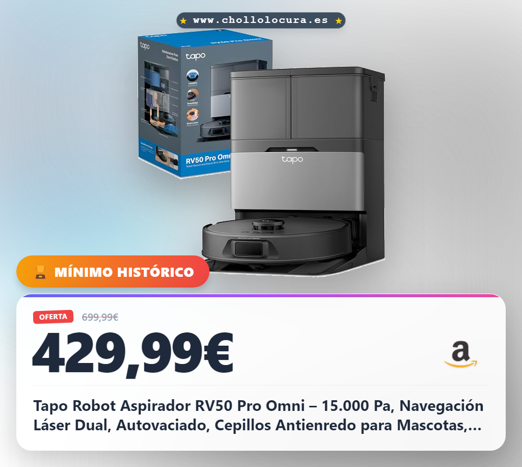 Tapo Robot Aspirador RV50 Pro Omni – 15.000 Pa, Navegación Láser Dual, Autovaciado, Cepillos Antienredo para Mascotas, Limpieza de Bordes, Estación Todo-en-Uno con Depósito de Agua 5L, Negro