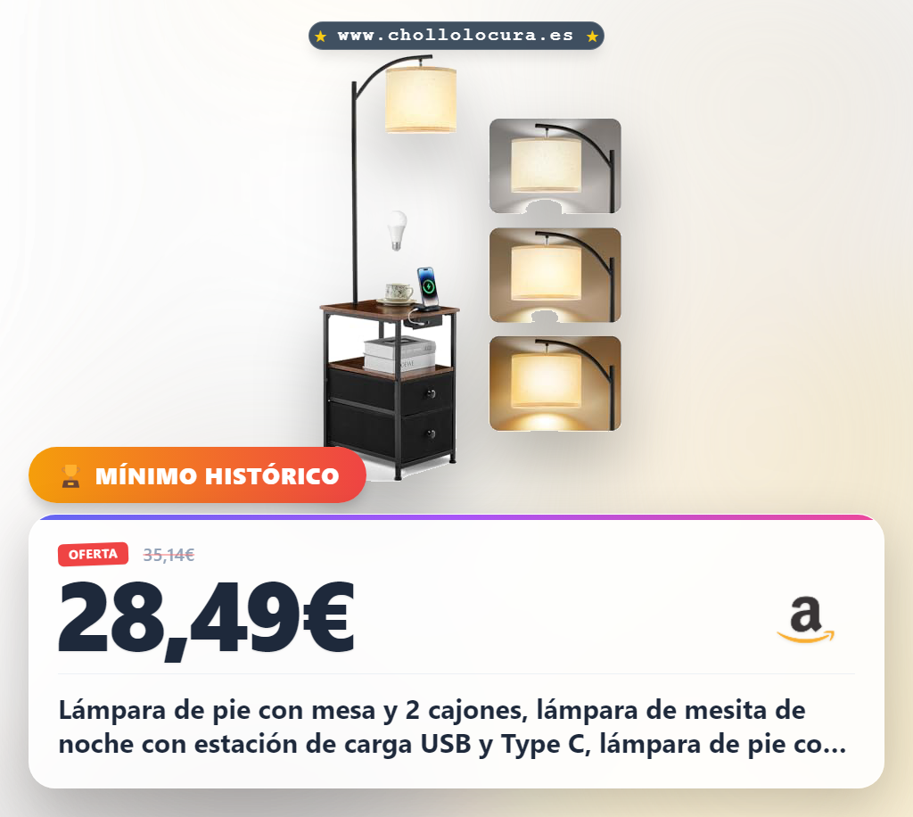 Consigue lámpara de pie con mesa y 2 cajones LED ajustable para salón y dormitorio con carga USB y Type C