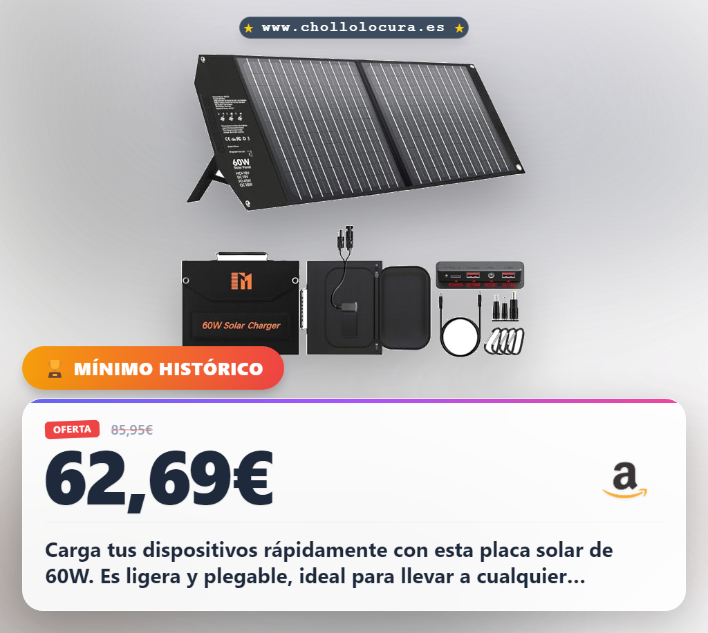 Aprovecha este panel solar portátil 60W con carga PD45W y puertos USB-C para camping y outdoor