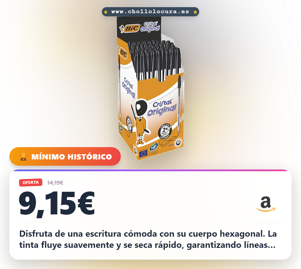 Aprovecha la caja de 50 bolígrafos Bic Cristal Original punta media en oferta con escritura suave y tinta de calidad