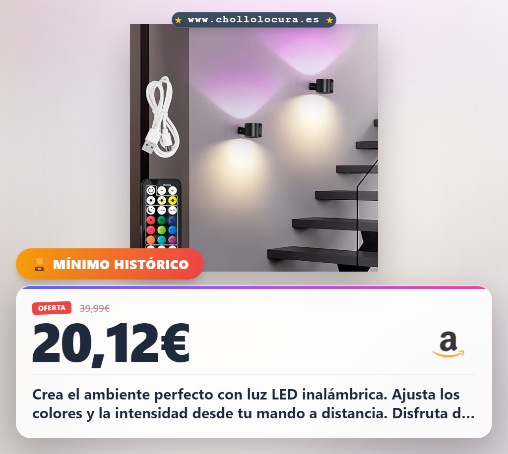 Consigue apliques LED inalámbricos RGB 360° para salón y dormitorio con control remoto y temporizador en oferta
