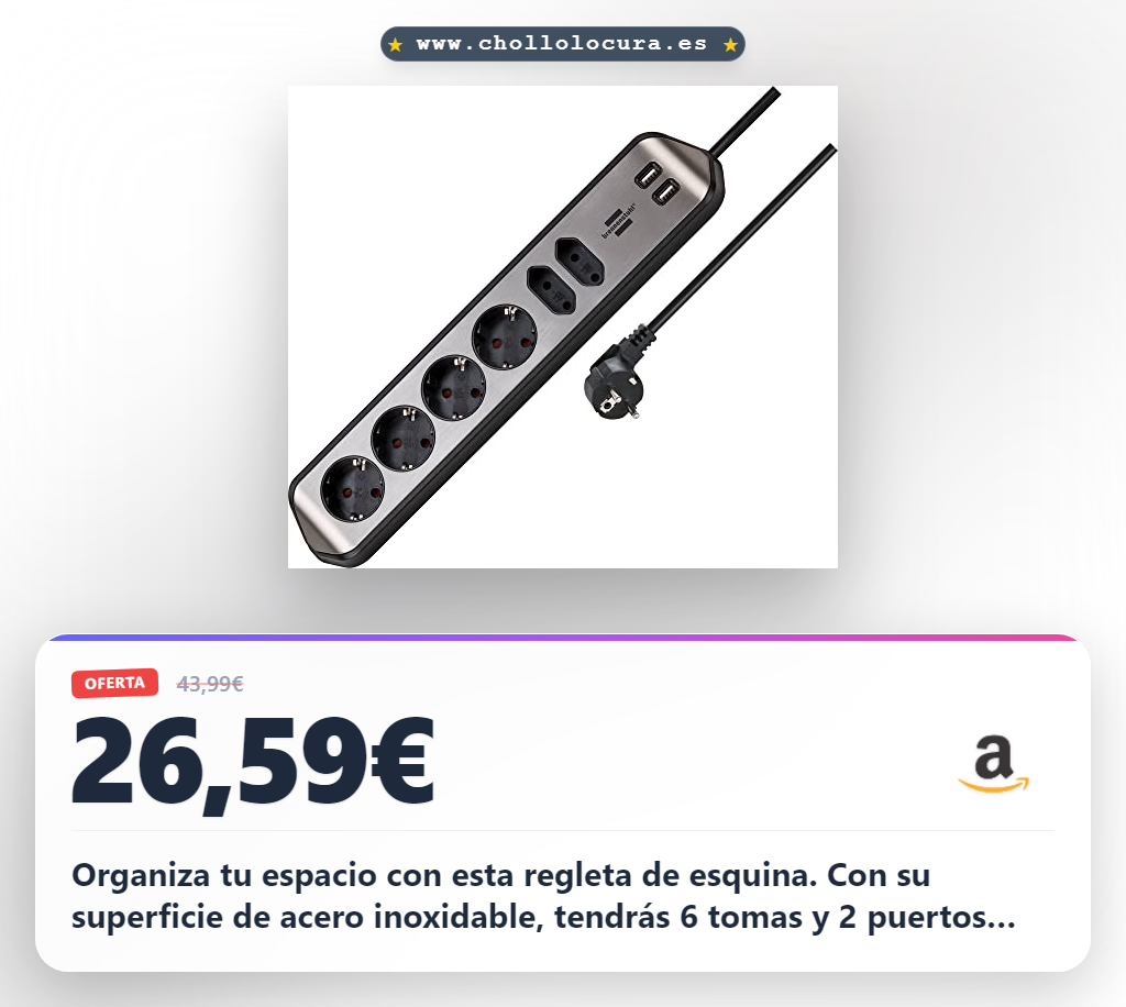 Aprovecha esta regleta de enchufes en forma de esquina con acero inoxidable y carga USB al mejor precio