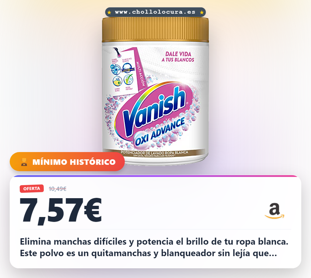 Consigue Vanish Oxi Action Multipoder para manchas y blanqueo sin lejía. Aprovecha este potente tratamiento en oferta.