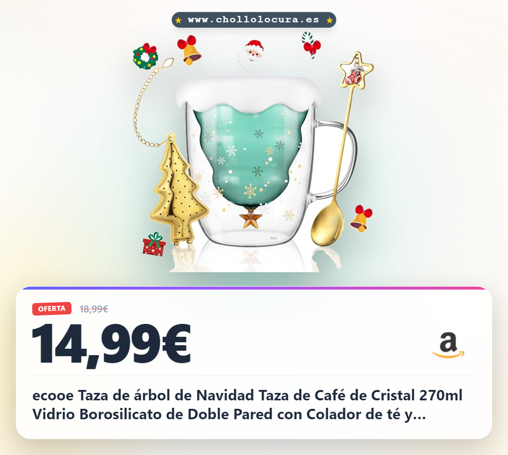ecooe Taza de árbol de Navidad Taza de Café de Cristal 270ml Vidrio Borosilicato de Doble Pared con Colador de té y Cuchara, Taza de Té de Copo de Nieve para Café, Leche, Té
